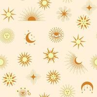 Magic seamless pattern with constellations, sun, moon, magic eyes, clouds and stars. Mystical esoteric vector