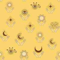 Magic seamless pattern with constellations, sun, moon, magic eyes, clouds and stars. Mystical esoteric vector