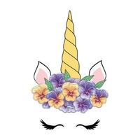 Cute unicorn head with flower crown. vector