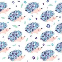 Seamless childish pattern with floral hedgehog with flowers and cute hedgehogs on a white background. vector