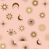 Magic seamless pattern with constellations, sun, moon, magic eyes, clouds and stars. Mystical esoteric vector