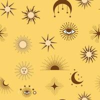 Magic seamless pattern with constellations, sun, moon, magic eyes, clouds and stars. Mystical esoteric vector