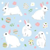 Happy easter day with white bunny in different bunny rabbit poses and easter eggs vector illustration