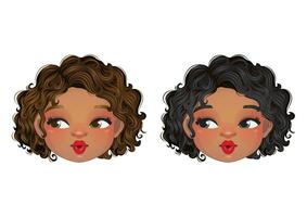 American African girl rolling her eyes, brown and black curly hair hairstyle. Sexy red lip makeup cartoon character vector