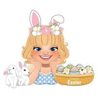 Happy Easter Day with Smiling Girl Posing Hand Under Chin Wearing Bunny Ears Headband and Easter Eggs Basket Cartoon Character Vector