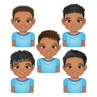 conjunto de peinado para negro Niños, africano americano Niños caras, avatares, pelo negro niño cabezas diferente peinado vector