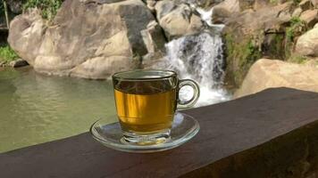 schwarz Tee im Glas Tasse und Teekanne, Tasse von frisch gebraut schwarz Tee , gemütlich warm Stimmung ,Schwarz Tee im Glas Tasse und Teekanne, trinken Tee in der Nähe von das Wasserfall video