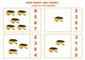 Count all cute cartoon lemmings and circle the correct answers. vector