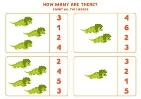 Count all cute cartoon green frilled neck lizards and circle the correct answers. vector