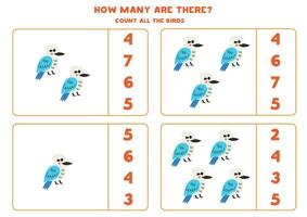 Count all cute cartoon kookaburra birds and circle the correct answers. vector