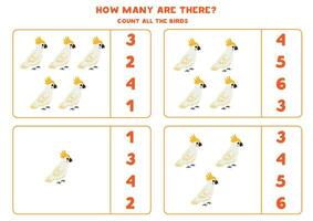 Count all cute cartoon cockatoo birds and circle the correct answers. vector