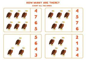 Count all cute cartoon bald eagles and circle the correct answers. vector