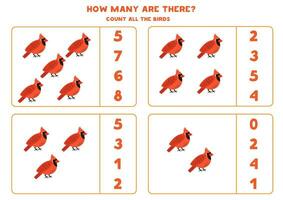 Count all cute cartoon red cardinal birds and circle the correct answers. vector