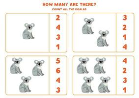 Count all cute cartoon koalas and circle the correct answers. vector