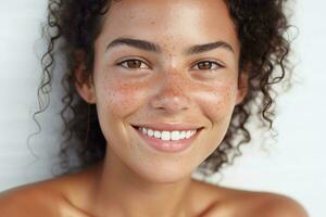 ai generado retrato de recortado sonriente Hispano joven mujer cara con pecas foto