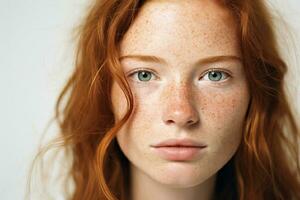 AI generated Portrait of cropped calm caucasian young woman face with freckles photo