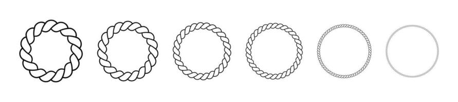 Round frames made of rope. Circle borders made of braided cord. Vector set of thin and thick elements isolated on a white background.