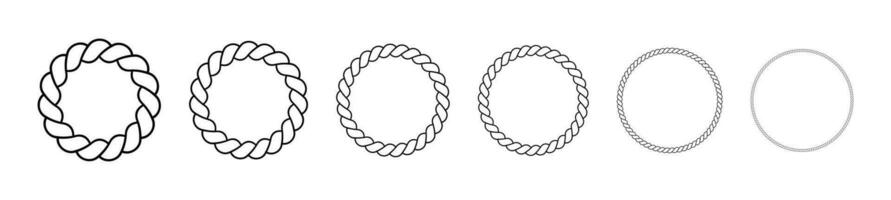 Round frames made of rope. Circle borders made of braided cord. Vector set of thin and thick elements isolated on a white background.