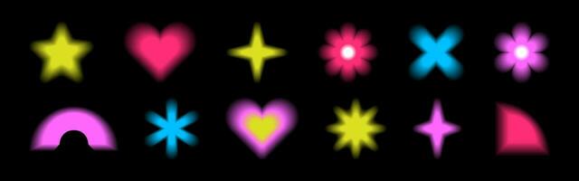 Y2k gradient trendy shapes. Blurred colored geometric cute form with aura. Pack of vector elements with color gradation.