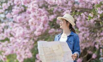 asiático mujer turista participación ciudad mapa mientras caminando en el parque a Cereza florecer árbol durante primavera sakura flor festival foto