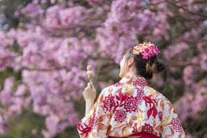 Japanese woman in traditional kimono dress holding sweet hanami dango dessert while walking in the park at cherry blossom tree during spring sakura festival photo