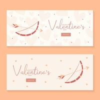 Set of hand draw banners with bow and arrow hearts for Valentine's day. Happy Valentine's day and button read more. Peach fuzz, red, brow and pink colors.Cartoon style. Web vector illustration
