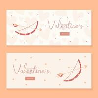 conjunto de mano dibujar pancartas con arco y flecha corazones para San Valentín día. contento San Valentín día y botón leer más. melocotón pelusa, rojo, frente y rosado colores.dibujos animados estilo. web vector ilustración