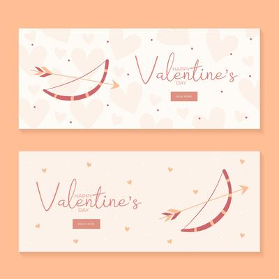 Set of hand draw banners with bow and arrow hearts for Valentine's day. Happy Valentine's day and button read more. Peach fuzz, red, brow and pink colors.Cartoon style. Web vector illustration