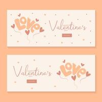 Set of hand draw banners with balloon hearts and word love for Valentine's day. Happy Valentine's day and button read more. Peach fuzz, red, brow and pink colors.Cartoon style. Vector illustration