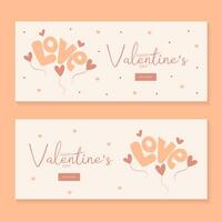 conjunto de mano dibujar pancartas con globo corazones y palabra amor para San Valentín día. contento San Valentín día y botón leer más. melocotón pelusa, rojo, frente y rosado colores.dibujos animados estilo. vector ilustración