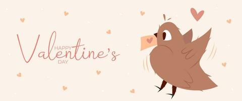 Hand draw banner with flying bird, dots and hearts for Valentine's day. Happy Valentine's day and button read more. Peach fuzz, red, brow and pink colors.Cartoon style. Web vector illustration