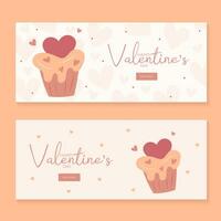 Set of hand draw banners with cupcake and hearts for Valentine's day. Happy Valentine's day and button read more. Peach fuzz, red, brow and pink colors.Cartoon style. Web vector illustration