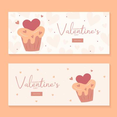 Set of hand draw banners with cupcake and hearts for Valentine's day. Happy Valentine's day and button read more. Peach fuzz, red, brow and pink colors.Cartoon style. Web vector illustration