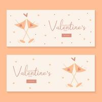 Set of hand draw banners with two glasses of martini, hearts for Valentine's day. Happy Valentine's day and button read more. Peach fuzz, red, brow and pink colors.Cartoon style.Vector illustration vector