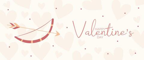 Single hand draw banner with bow and arrow hearts for Valentine's day. Happy Valentine's day and button read more. Peach fuzz, red, brow and pink colors.Cartoon style. Web vector illustration