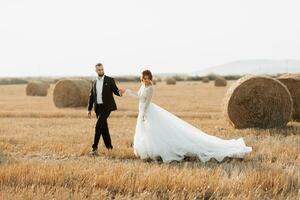 Wedding portrait of the bride and groom walking on the background of hay. The groom holds the hand of the bride and looks at her, her gaze down. Red-haired bride in a long dress. Stylish groom. Summer photo