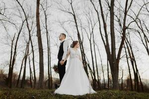 Boda foto. el novia y novio son en pie espalda a espalda en el bosque. largo Boda vestido. un Pareja en amor entre alto arboles otoño luz de sol. foto