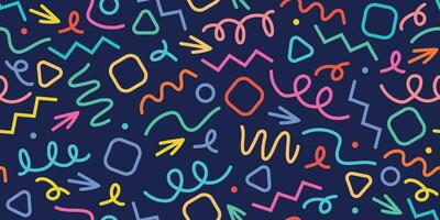 Fun colorful abstract line doodle shape seamless pattern. Minimalist style art for children or party celebration with modern shapes. Simple childish drawing scribble decoration. vector