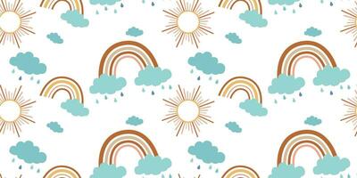 Vector seamless pattern for children with rainbows, clouds, sun in boho style in pastel colors. Suitable for wrapping paper, textiles, wallpaper, backgrounds.