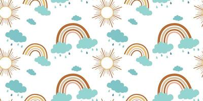 Vector seamless pattern for children with rainbows, clouds, sun in boho style in pastel colors. Suitable for wrapping paper, textiles, wallpaper, backgrounds.