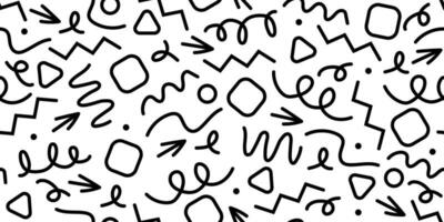 Fun abstract line doodle shape seamless monochrome pattern. Minimalist style art for children with modern shapes. Simple childish drawing scribble decoration. vector