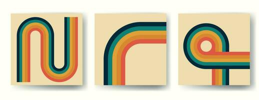 Trendy abstract vector set aesthetic backgrounds with rainbow. Mid century wall decor in style 60s, 70s. Retro design for social media, blog post, template, interior design