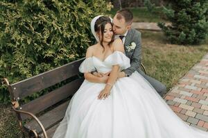 retrato de el novia y novio en naturaleza. un elegante novio y un morena novia en un blanco largo vestir sentar en un banco en contra un árbol fondo, abrazo y atentamente sonrisa. Rizado pelo foto