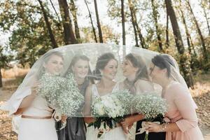 Wedding photo in nature. The bride and her friends are standing in the forest holding their bouquets, smiling, covered by the bride's veil. Wedding portrait. Emotions. Beautiful girls.