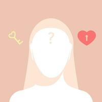 Female faceless silhouette portrait with question mark inside head, heart and key. Curiosity concept, love, and unlocking emotions. vector