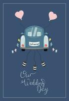 Wedding illustration with newlyweds car on blue background. Can be used for posters, wedding invitations, etc. vector