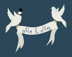 Two white doves, a dove in a veil and a pigeon in a hat holding a wedding ribbon with the inscription Mr. and Mrs. on a dark blue background. vector