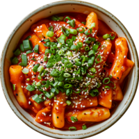 ai generado picante tteokbokki coronado con escalfado huevo png