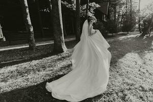 Beautiful bride in a wedding dress with a long train standing back in the forest. Black and white photo