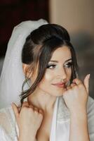 Portrait of a brunette bride touching her face. Gorgeous make-up and hair. Voluminous veil. Wedding photo. Beautiful bride photo